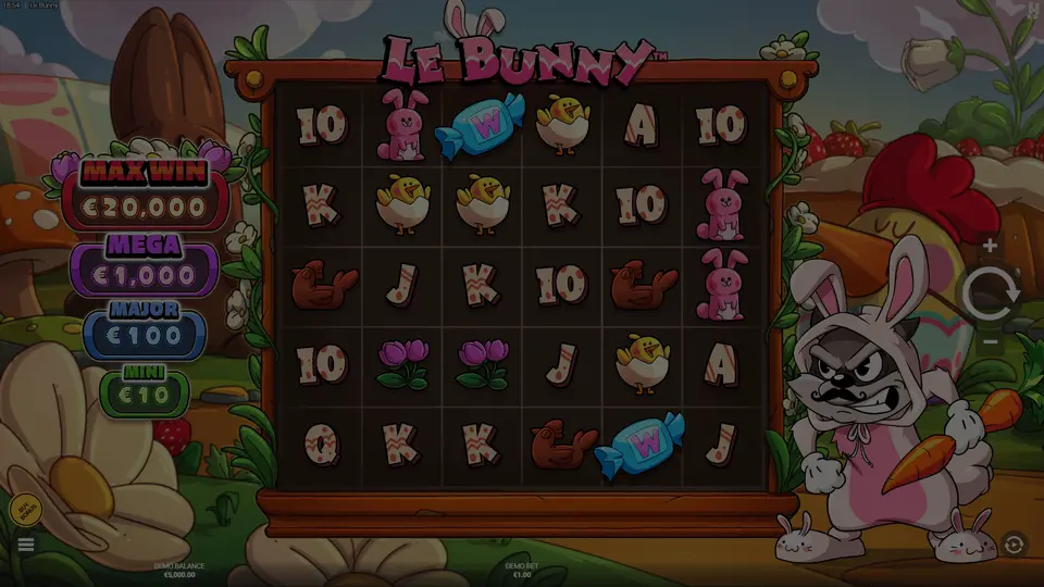 Le Bunny slot demo game window showing Easter theme with Golden Squares and eggs