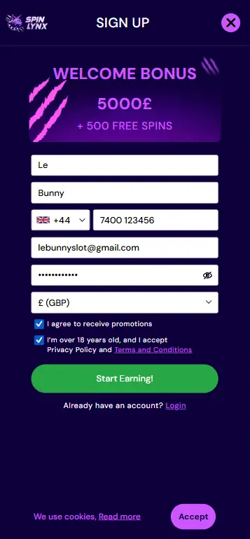 Registration form for playing Le Bunny real money