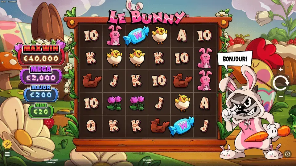 Le Bunny slot basspel som visar rosa hare i pastell-påsk-vårmiljö